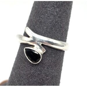 Black Onyx Faceted Teardrop Ring Size 7.5 Wrap Sterling Silver 925 Handmade NWOT